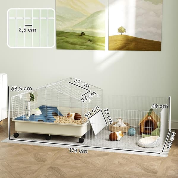 Rootz Small Animal Cage - Kæledyrskabel - 2 -niveau design - Rummelig tilbagetog - 173 cm x 88 cm x 63 cm