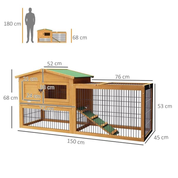 Rootz vinter -proof 2 -nivå kanin stabil - hutch & run - trä dubbelsidig - enkel åtkomst och ren - 150x52x68 cm