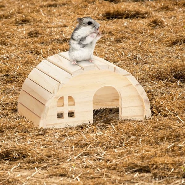 Relaxdays Hus för hamster (dvärg) och mus, i trä, burstillbehör, H x B x D: ca 10 x 18,5 x 13 cm, natur