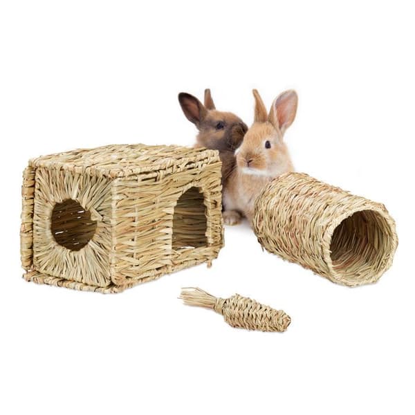 Relaxdays Set av 3 tillbehör för smådjur, gräshus, tunnel och halmkarott, kanin, marsvin, natur