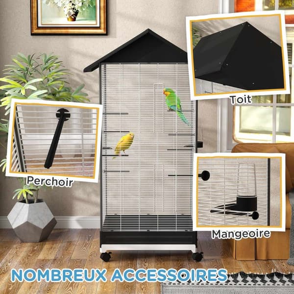 Rootzin vapaasti seisova lintuhäkki pyörillä - Aviary - PET -kotelo - Helppo liikkuvuus - 79 x 65 x 155 cm teräslanka, musta