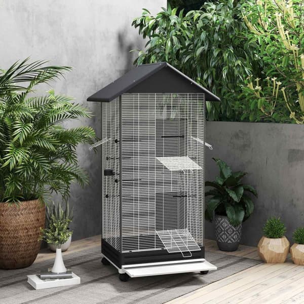 Rootzin vapaasti seisova lintuhäkki pyörillä - Aviary - PET -kotelo - Helppo liikkuvuus - 79 x 65 x 155 cm teräslanka, musta