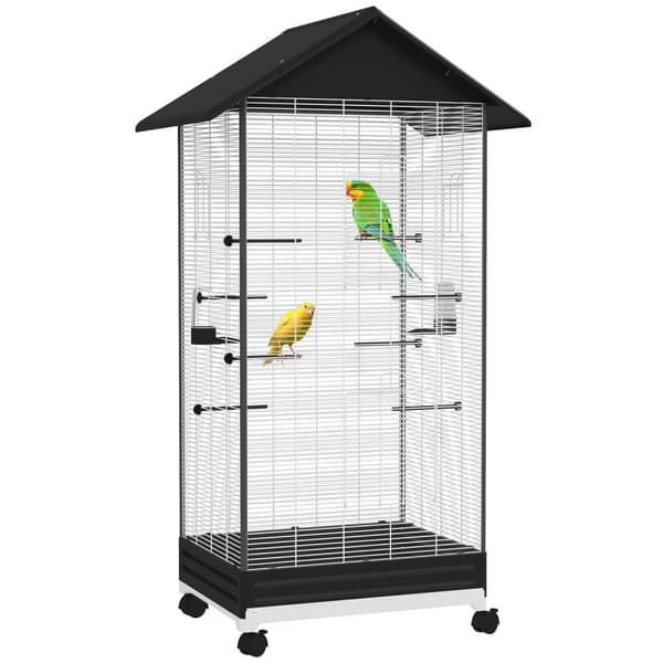 Rootzin vapaasti seisova lintuhäkki pyörillä - Aviary - PET -kotelo - Helppo liikkuvuus - 79 x 65 x 155 cm teräslanka, musta