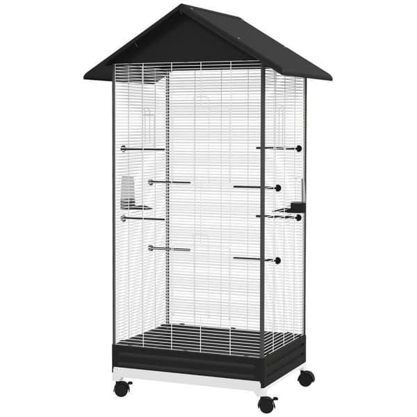 Rootzin vapaasti seisova lintuhäkki pyörillä - Aviary - PET -kotelo - Helppo liikkuvuus - 79 x 65 x 155 cm teräslanka, musta