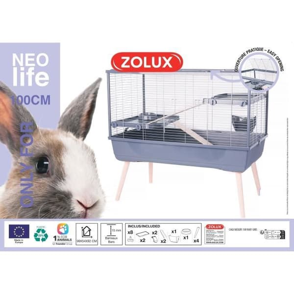 NeoLife 100 L trådbur för kaniner och gnagare på fötter - Zolux grå
