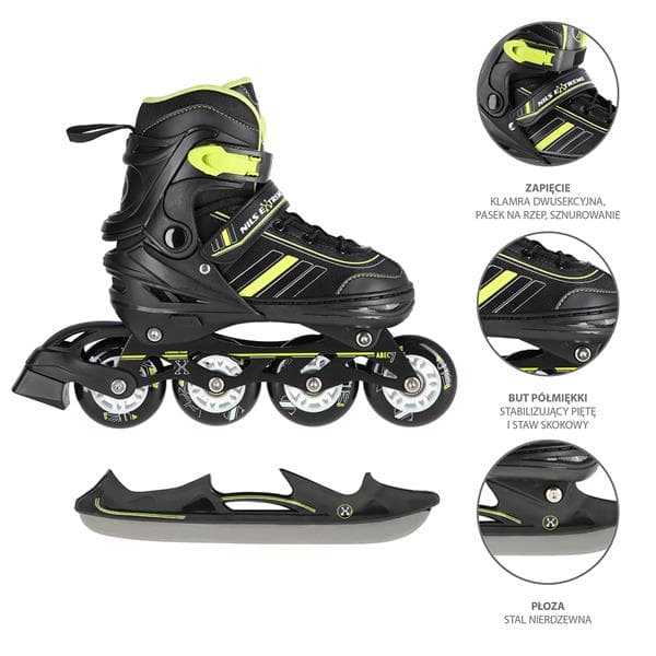 NH18191 2i1 BLACK-LIME STØRRELSE L(39-43) INLINE SKATING BLADES MED DIMENSIONER PL. HOCKEY NILS EXTREME