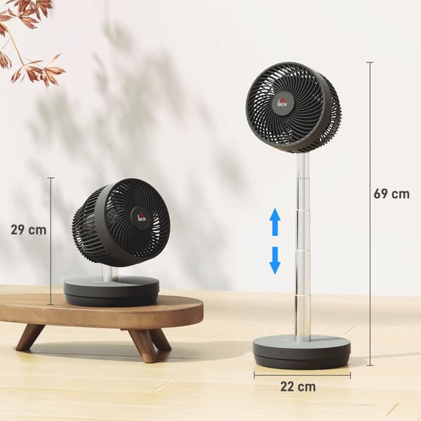 Stående ventilator, USB-genopladelig ventilator med fjernbetjening, 22x22x29-69 cm, Sort
