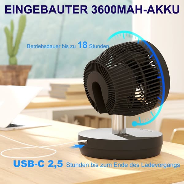 Stående ventilator, USB-genopladelig ventilator med fjernbetjening, 22x22x29-69 cm, Sort