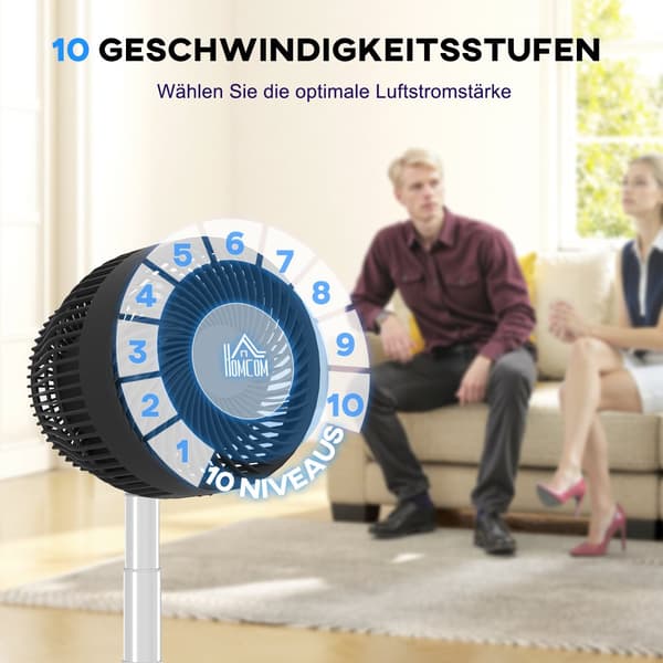 Stående ventilator, USB-genopladelig ventilator med fjernbetjening, 22x22x29-69 cm, Sort