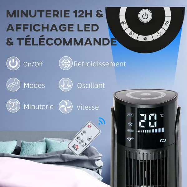 Tårnventilator, 2-i-1, 31.5x31.5x107 cm, Sort