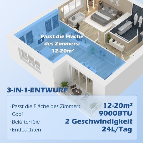 Bærbar Aircondition, 9000BTU, 33x28x68.5 cm, Sort