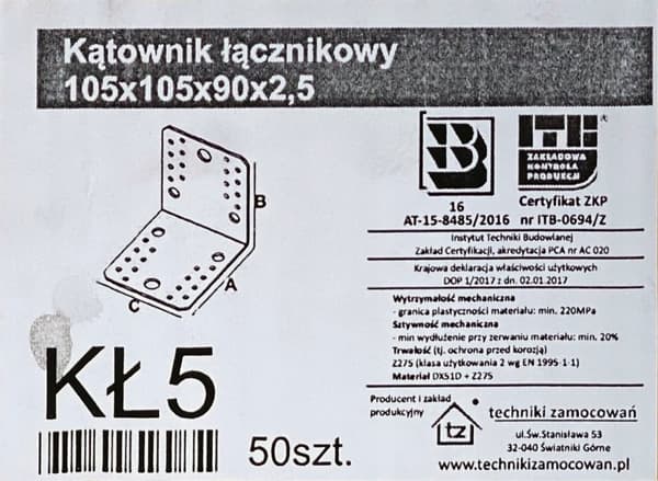 Anslutningsvinkel KŁ5 105x105x90x2,5 (1)