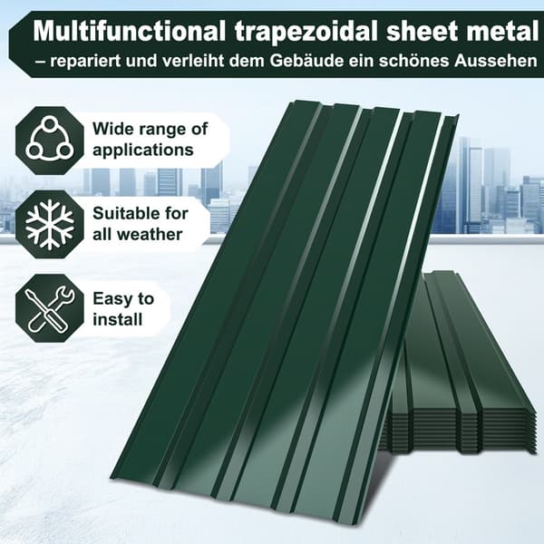 12x profilerade plåtplattor, plåtplatta för tak i metall med räfflor, 115 x 45 cm = 6 m², grön