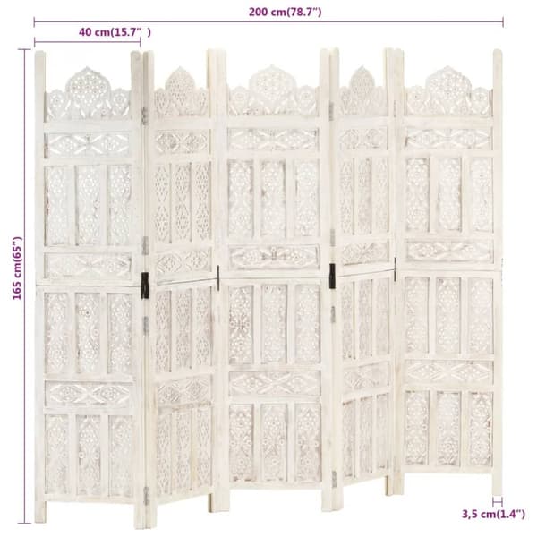 vidaXL Rumsavdelare 5 paneler handsnidad vit 200x165 cm mangoträ