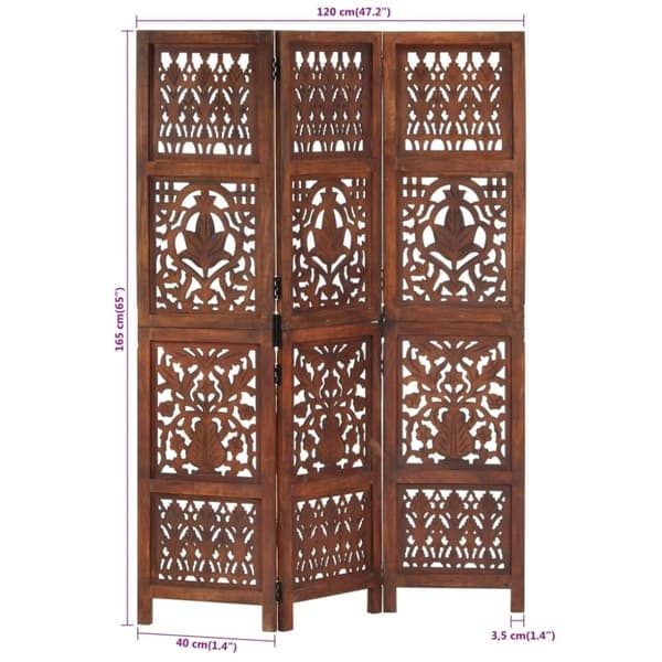 vidaXL 3-panels rumdeler håndskåret 120 x 165 cm massivt mangotræ brun