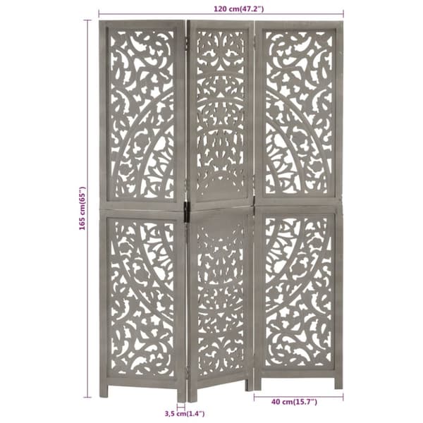 vidaXL 3-panels rumdeler håndskåret 120 x 165 cm massivt mangotræ grå