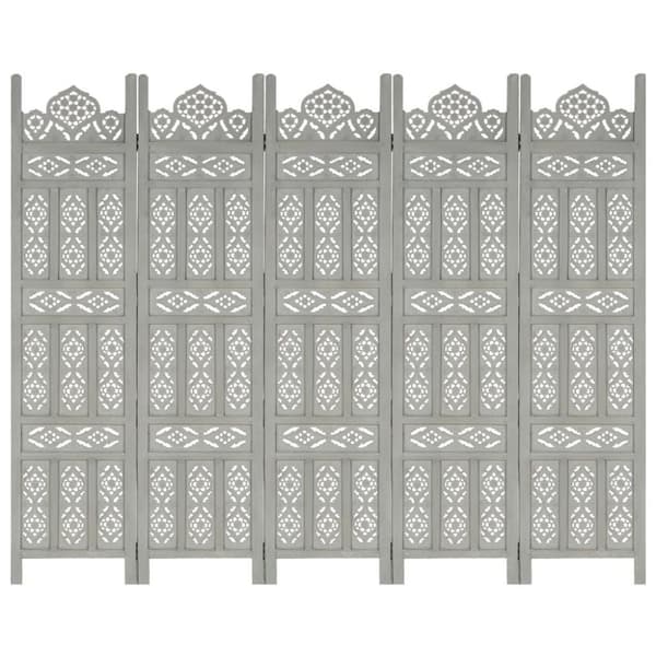 vidaXL 5-panels rumdeler håndskåret 200 x 165 cm massivt mangotræ grå