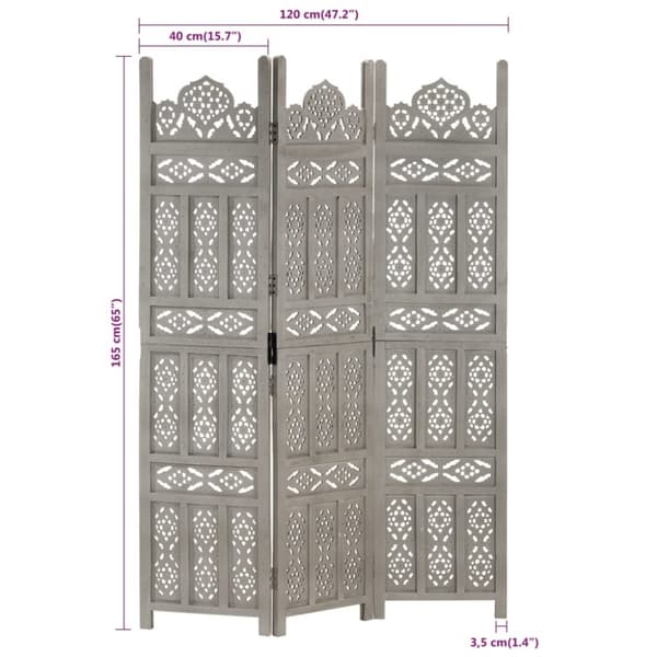 vidaXL 3-panels rumdeler håndskåret 120 x 165 cm massivt mangotræ grå