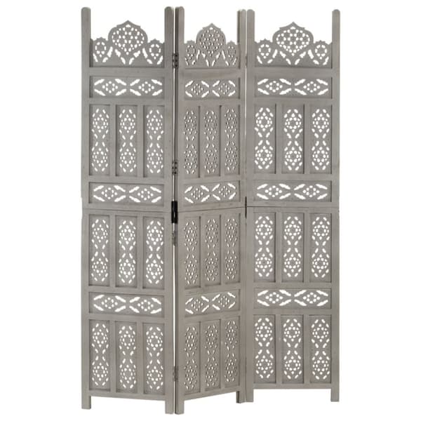 vidaXL 3-panels rumdeler håndskåret 120 x 165 cm massivt mangotræ grå