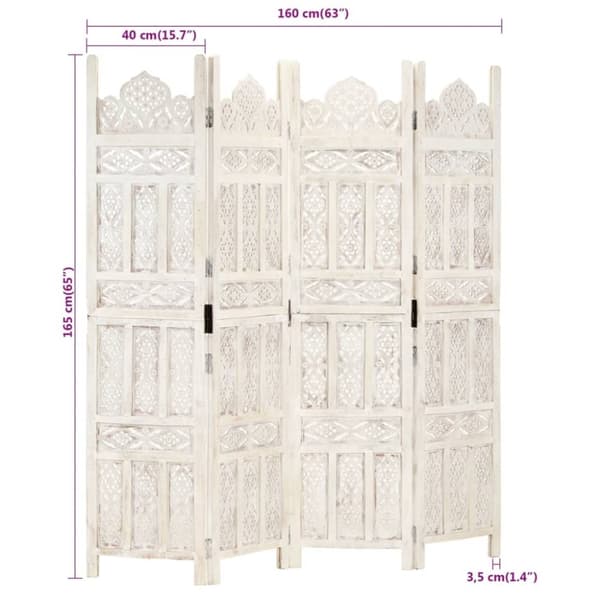 vidaXL 4-panels rumdeler håndskåret 160 x 165 cm massivt mangotræ hvid