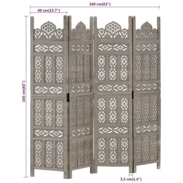 vidaXL 4-panels rumdeler håndskåret 160x165 cm massivt mangotræ grå
