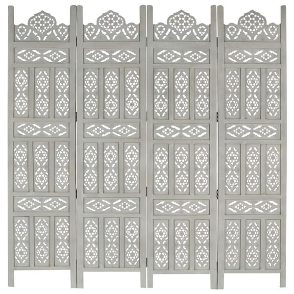 vidaXL 4-panels rumdeler håndskåret 160x165 cm massivt mangotræ grå