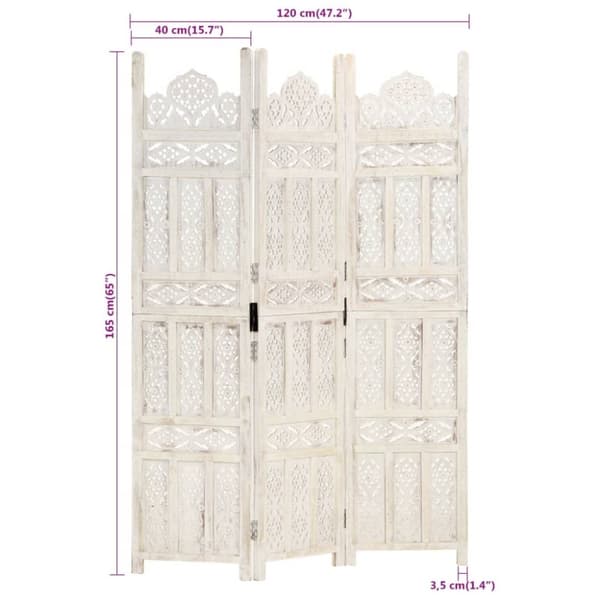 vidaXL 3-panels rumdeler håndskåret 120 x 165 cm massivt mangotræ hvid