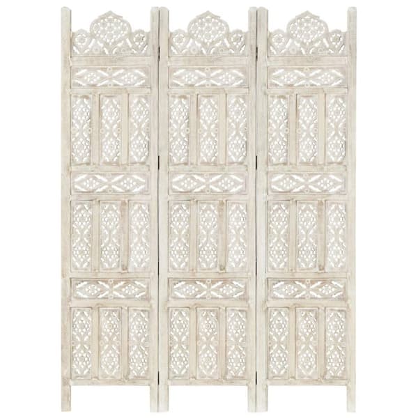 vidaXL 3-panels rumdeler håndskåret 120 x 165 cm massivt mangotræ hvid