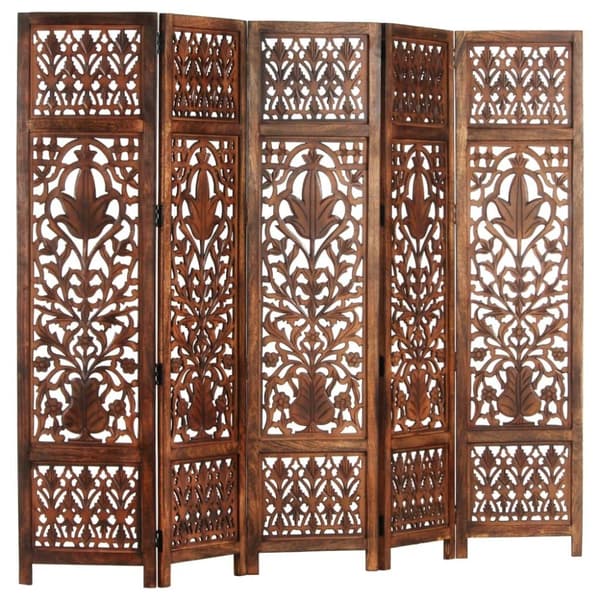 vidaXL Rumsavdelare 5 paneler handsnidad brun 200x165 cm mangoträ