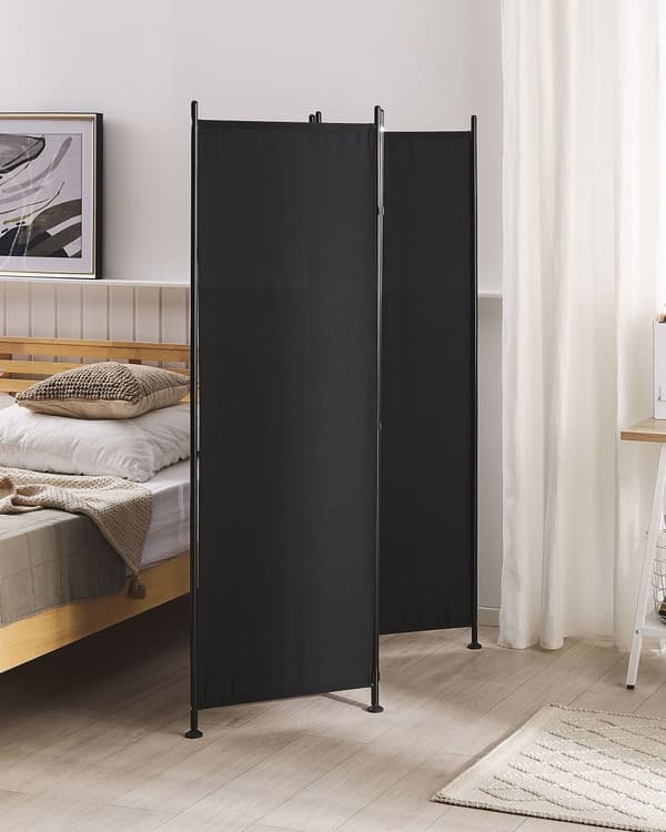 Rumdeler Sort Pulverlakeret Stålramme med Polyester 170 x 161 cm 3 Paneler Dekorativ Skærmskillevæg til Privatliv og Perfekt til Arbejdsro
