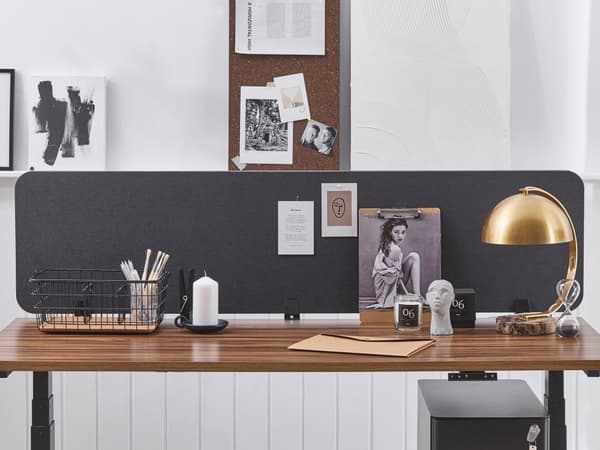 Skrivebordsskjerm Mørkegrå PET-plate med Stofftrekk 180 x 40 cm Akustisk Skjerm Modulære Monteringsklemmer Hjemmekontor