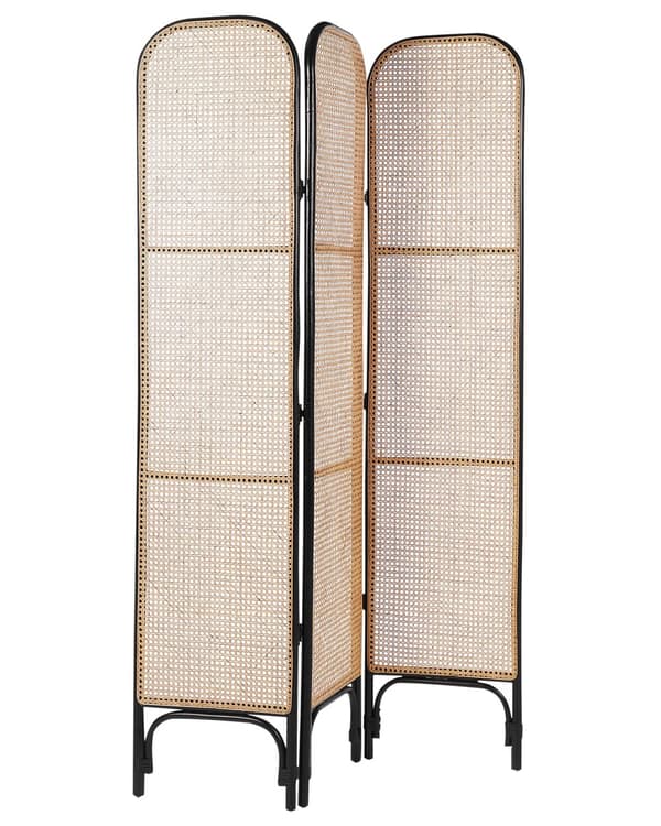 Tilanjakaja musta luonnonväri 105 x 180 cm rottinki 3 paneelia kokoontaitettava boho-tyyli