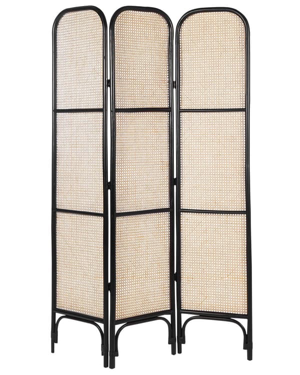 Tilanjakaja musta luonnonväri 105 x 180 cm rottinki 3 paneelia kokoontaitettava boho-tyyli