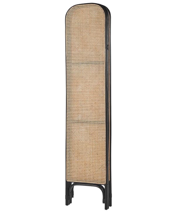 Tilanjakaja musta luonnonväri 105 x 180 cm rottinki 3 paneelia kokoontaitettava boho-tyyli