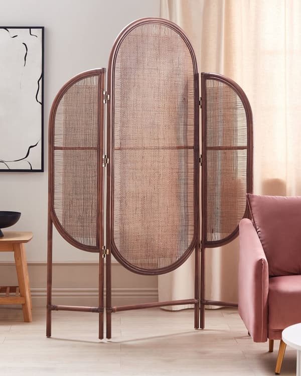 Tilanjakaja tumma luonnonväri 134 x 180 cm rottinki 3 paneelia kokoontaitettava boho-tyyli