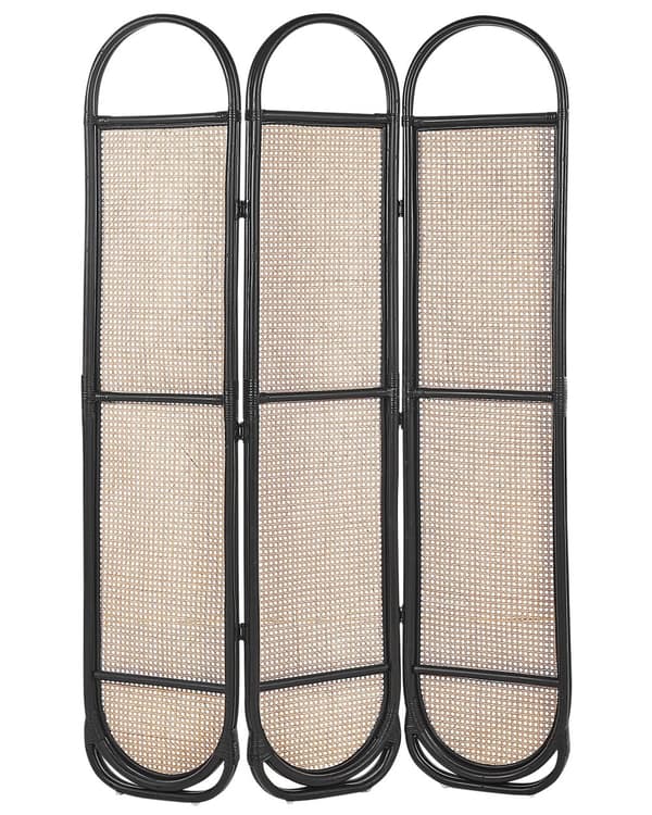Tilanjakaja musta luonnonväri 118 x 180 cm rottinki 3 paneelia kokoontaitettava boho-tyyli