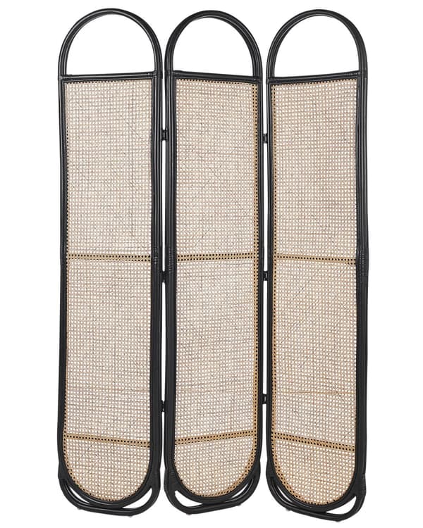 Tilanjakaja musta luonnonväri 118 x 180 cm rottinki 3 paneelia kokoontaitettava boho-tyyli
