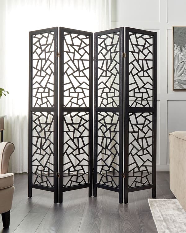 Tilanjakaja musta 163 x 170 cm keisaripuu MDF-levy 4 paneelia kokoontaitettava moderni perinteinen