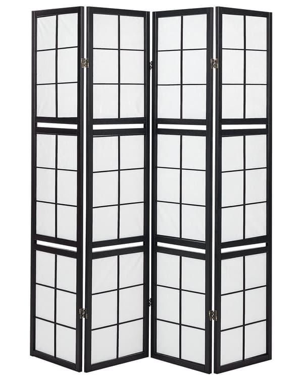 4-panels rumskærm sort fyrretræ syntetisk materiale foldbar dekorativ til stuen traditionelt design