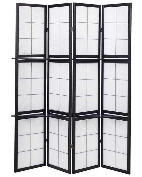 4-panels rumskærm sort fyrretræ syntetisk materiale foldbar dekorativ til stuen traditionelt design