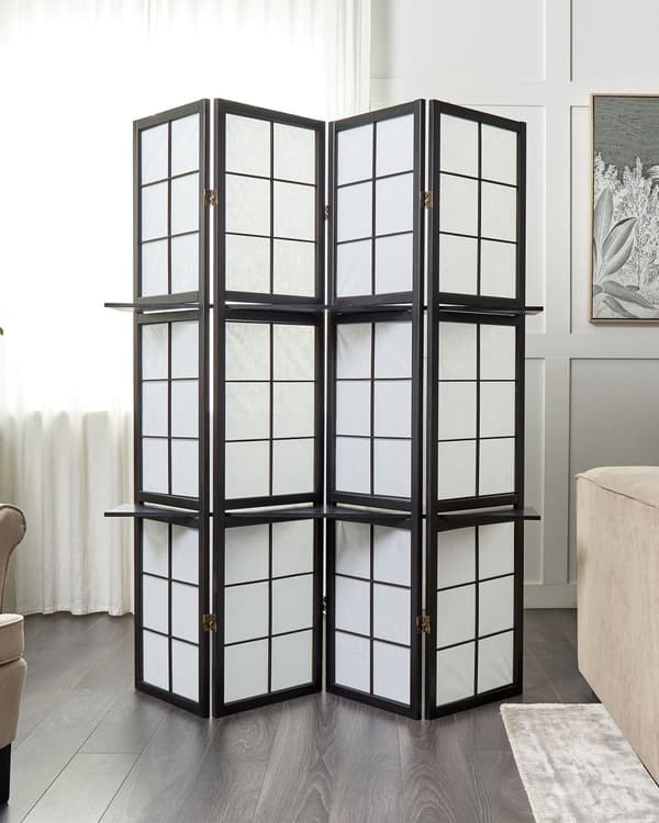 4-panels rumskærm sort fyrretræ syntetisk materiale foldbar dekorativ til stuen traditionelt design