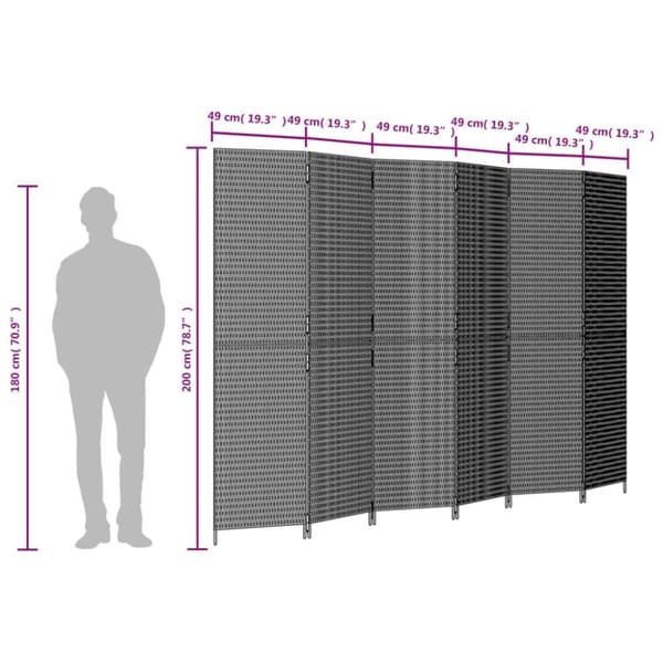 vidaXL rumdeler 6 paneler polyrattan sort