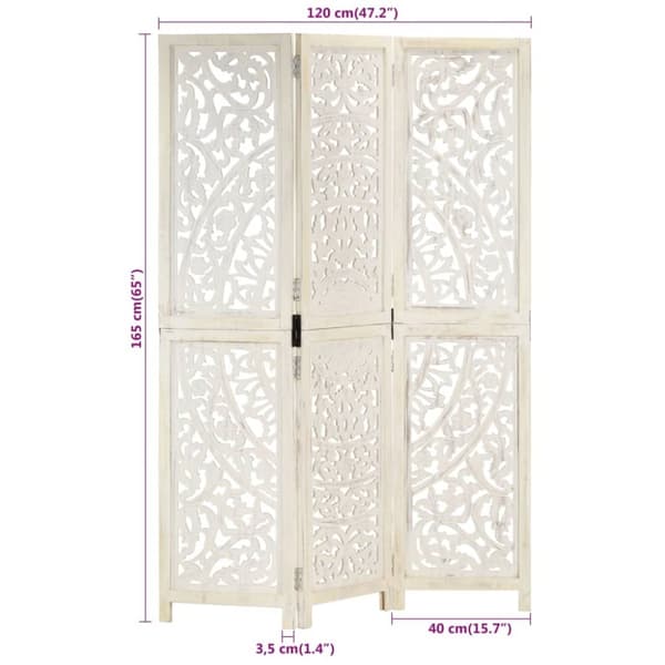 3-panels rumdeler håndskåret 120 x 165 cm massivt mangotræ hvid