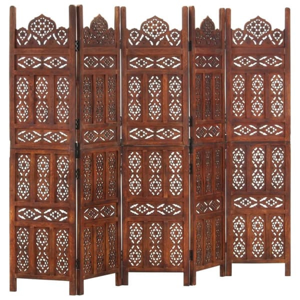 5-panels rumdeler håndskåret 200 x 165 cm massivt mangotræ brun