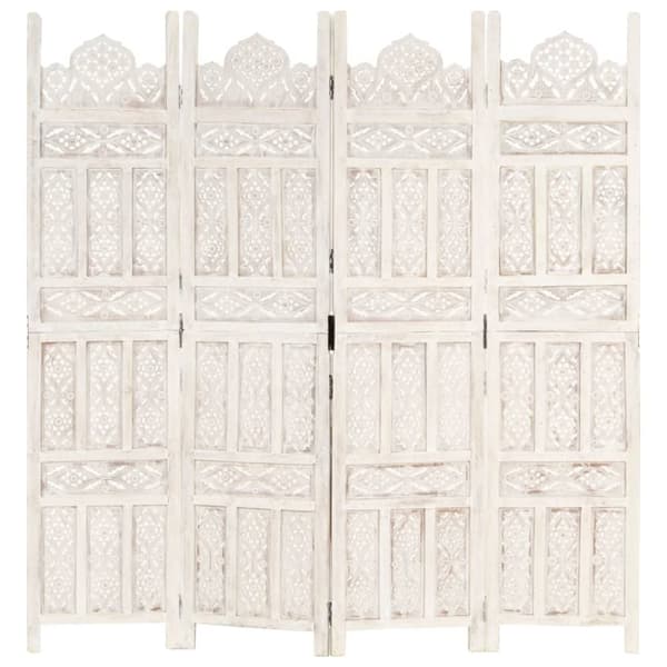 4-panels rumdeler håndskåret 160 x 165 cm massivt mangotræ hvid