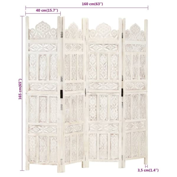 4-panels rumdeler håndskåret 160 x 165 cm massivt mangotræ hvid