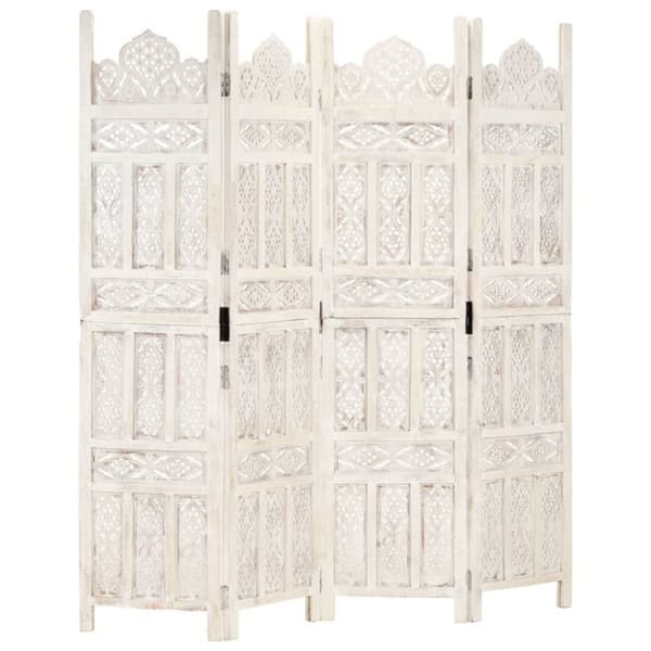 4-panels rumdeler håndskåret 160 x 165 cm massivt mangotræ hvid