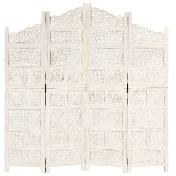 4-panels rumdeler håndskåret 160 x 165 cm massivt mangotræ hvid