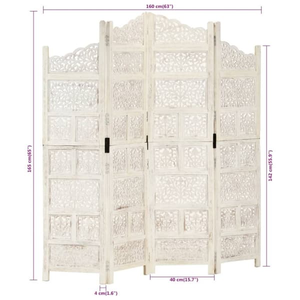 4-panels rumdeler håndskåret 160 x 165 cm massivt mangotræ hvid