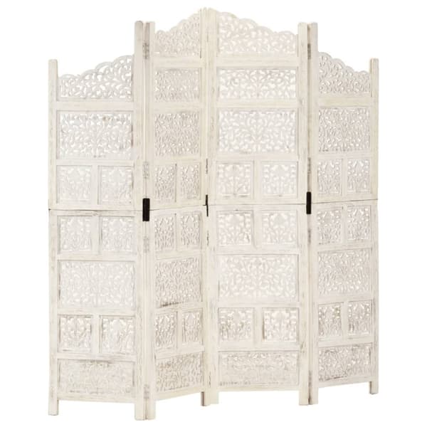 4-panels rumdeler håndskåret 160 x 165 cm massivt mangotræ hvid